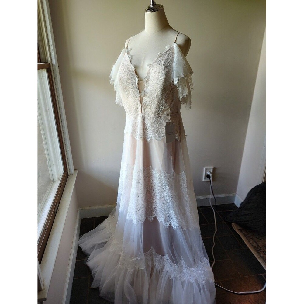 Boho Woodland Beach Lace Pearl Corset V-Neck Wedding Dress Blush White XXL NWT